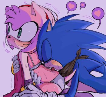 amy_rose back bare_back blue_fur blue_hair blush bra clothes_pull dress_pull embarrassed gloves green_eyes hairband highres licking_back lying medium_hair nervous panties pink_fur pink_hair pupu_san01 purple_socks scarf sega sitting socks sonamy sonic_(series) sonic_boom_(series) sonic_the_hedgehog tail tongue underwear white_bra white_panties