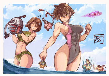 Rule 34 | 3boys, absurdres, antenna hair, aura, bikini, black gloves, blanka-chan, breasts, brown eyes, brown hair, camouflage, capcom, character request, commentary, competition swimsuit, covered abs, covered navel, crossed arms, english commentary, fingerless gloves, flying, gloves, hair ornament, hamza touijri, headband, unworn headwear, heart, heart print, helmet, unworn helmet, highres, incredibly absurdres, justice gakuen, kasugano sakura, kazama akira, kazama daigo, m. bison, medium breasts, multiple boys, muscular, muscular male, narrow waist, navel, ocean, one-piece swimsuit, print swimsuit, red headband, ryu (street fighter), scuba gear, sideboob, single fingerless glove, skull hair ornament, street fighter, street fighter v, summer, swimsuit, tankini, topless male, wading, wet, wet hair