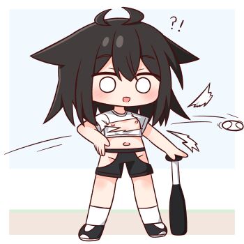 ! 1girl :d ball baseball_(object) baseball_bat black_hair black_shoes black_shorts blush breasts chibi clothing_cutout crop_top full_body groin hair_between_eyes hana_kazari hand_on_own_hip highres hip_vent metal_baseball_bat midriff motion_lines navel nipples o_o open_mouth original shirt shoes short_sleeves shorts small_breasts smile socks solo speed_lines standing torn_clothes torn_shirt white_shirt white_socks