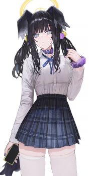 1girl alternate_costume animal_ears belt_collar blue_archive cellphone closed_mouth collar dog_ears dog_girl flippy_(cripine111) grey_hair hair_ornament halo hand_up hibiki_(blue_archive) highres holding holding_phone long_sleeves looking_at_viewer phone pleated_skirt pom_pom_(clothes) pom_pom_hair_ornament purple_nails purple_scrunchie school_uniform scrunchie shirt shirt_tucked_in simple_background skirt smartphone thighhighs white_background white_shirt white_thighhighs wrist_scrunchie zettai_ryouiki