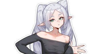 1girl bare_shoulders breasts collarbone elf frieren inhoso looking_at_viewer pointy_ears simple_background small_breasts solo sousou_no_frieren twintails upper_body white_background white_hair