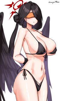 1girl absurdres arms_behind_back artist_name ass bare_shoulders bdsm bikini black_bikini black_hair black_ribbon blue_archive bondage bound breasts collarbone commentary eye_mask feathered_wings hair_bun hair_over_one_eye halo hasumi_(blue_archive) hasumi_(swimsuit)_(blue_archive) highres huge_ass large_breasts long_hair low_wings mask navel open_mouth red_halo ribbon simple_background solo swimsuit threeboon wings