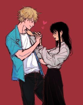 1boy 1girl black_hair black_pants breasts chainsaw_man collared_shirt couple denji_(chainsaw_man) hair_between_eyes hetero highres long_hair melatolynn mitaka_asa open_mouth pants shirt short_hair simple_background smile white_shirt