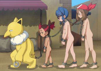 3girls absurdres age_difference ankle_cuffs barefoot bitch_taken_for_walk blue_eyes blue_hair breasts brown_hair chain chain_leash character_request coffle colored_skin completely_nude cuffs dark_skin feet forced_march full_body gen_1_pokemon highres hypno leash loli may_(pokemon) mimo_(pokemon) multicolored_hair multiple_girls nintendo nipples nude outdoors pokemon pokemon_(anime) pokemon_rse_(anime) pokemon_sm_(anime) slave small_breasts the_dark_mangaka toes twintails two-tone_hair wrist_cuffs yellow_skin