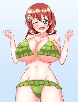 1girl absurdres alternate_hairstyle aqua_eyes bikini blush breasts brown_hair drill_hair emma_verde flower gluteal_fold green_bikini hair_flower hair_ornament highres huge_breasts jewelry looking_at_viewer love_live! love_live!_nijigasaki_high_school_idol_club marurumadoka medium_hair necklace one_eye_closed open_mouth smile solo standing swimsuit twin_drills wink