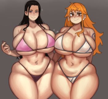 2girls belly bikini black_hair breast_press breasts gluteal_fold highleg highleg_panties huge_breasts kelvin_hiu large_breasts long_hair multiple_girls nami_(one_piece) navel nico_robin one_piece orange_hair panties plump skindentation smile swimsuit thick_thighs thighs underwear