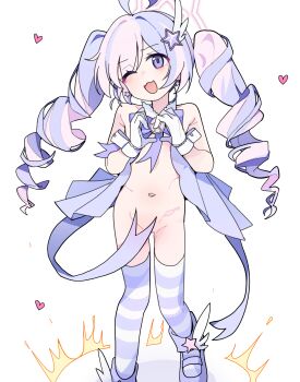 1girl absurdres ahoge blue_archive gloves hair_ornament halo heart highres loli long_hair looking_at_viewer multicolored_hair navel official_alternate_costume one_eye_closed open_mouth pearlgang_e pink_hair purple_eyes purple_hair reisa_(blue_archive) reisa_(magical)_(blue_archive) simple_background solo star_(symbol) star_hair_ornament striped_clothes striped_thighhighs thighhighs twintails white_background white_gloves