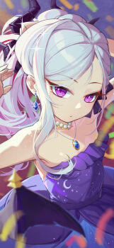 1girl absurdres blue_archive blush breasts commentary_request demon_girl demon_horns demon_wings dress earrings highres hina_(blue_archive) hina_(dress)_(blue_archive) horns jewelry long_hair looking_at_viewer low_wings necktie pendant purple_dress purple_eyes small_breasts solo user_ufrc4222 white_hair wings