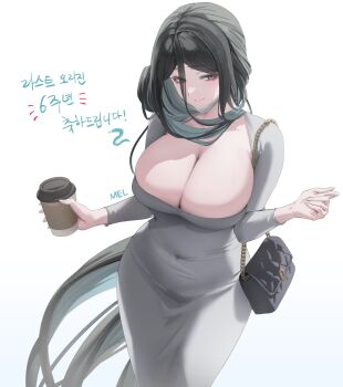 1girl bag black_hair blush breasts brown_eyes cleavage closed_mouth commentary_request covered_navel cup disposable_cup dongtan_dress dress grey_dress grey_hair hair_between_eyes highres holding holding_cup huge_breasts korean_commentary korean_text last_origin lemonade_beta long_hair long_sleeves looking_at_viewer mask mask_pull mel_(dodosae) mouth_mask multicolored_hair signature simple_background solo translation_request veins veiny_breasts very_long_hair white_background white_mask