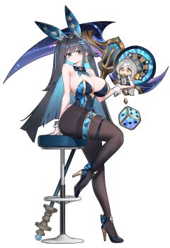 2girls abigail_(poker_face)_(black_survival) absurdres animal_ears black_hair black_pantyhose black_survival blue_bow blue_bowtie blue_hair blue_high_heels blue_leotard blunt_bangs bow bowtie breasts chibi cleavage closed_mouth coat colored_inner_hair covered_navel cup detached_collar dice dice_earrings dr._nadja earrings expressionless fake_animal_ears full_body gold_trim green_eyes grey_hair hair_intakes hair_ornament hair_ribbon hairclip high_heels highres holding holding_cup jewelry kneeling large_breasts leotard long_hair looking_at_viewer mouth_hold mug multicolored_hair multiple_girls off_shoulder one_side_up orange_ribbon pantyhose playboy_bunny rabbit_ears ribbon scythe simple_background single_earring sitting stool strapless strapless_leotard streaked_hair thighband_pantyhose two-tone_hair very_long_hair white_background white_coat wrist_cuffs yabby yellow_eyes