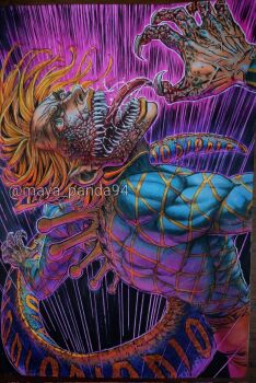 1boy argyle_clothes argyle_sweater blonde_hair blue_sweater blue_tail claws commentary diego_brando dinosaur_tail english_commentary fangs green_eyes highres jojo_no_kimyou_na_bouken long_sleeves looking_at_viewer male_focus maya_panda open_mouth pants scary_monsters_(stand) sharp_teeth solo stand_(jojo) steel_ball_run sweater tail teeth tongue tongue_out traditional_media transformation turtleneck turtleneck_sweater yellow_lips