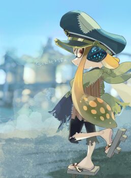 1girl agent_3_(splatoon) black_leggings blonde_hair captain_3_(splatoon) closed_mouth geta hat headgear highres inkling inkling_girl inkling_player_character koike3582 leg_up leggings long_hair nintendo orange_eyes patchwork_clothes peaked_cap poncho solo splatoon_(series) splatoon_3 tentacle_hair torn_clothes torn_leggings twitter_username very_long_hair