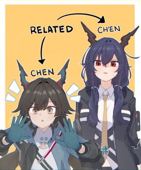 2girls absurdres ancestor_and_descendant arknights arknights:_endfield arrow_(symbol) black_coat black_hair blue_hair border ch'en_(arknights) character_name chen_qianyu_(arknights) coat commentary dragon_girl dragon_horns eastern_dragon_horns english_commentary english_text gloves green_gloves highres horns looking_at_viewer multiple_girls necktie pianobat red_eyes shirt simple_background white_border white_shirt yellow_background yellow_eyes yellow_necktie