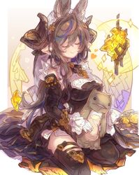 Rule 34 | 1girl, animal ears, asymmetrical hair, breasts, brown hair, brown horns, closed eyes, commission, detached sleeves, draph, erune, extra ears, frilled sleeves, frills, galleon (granblue fantasy), gloves, granblue fantasy, haku (sabosoda), harvin, highres, horns, large breasts, multicolored hair, pointy ears, seiza, sitting, skeb commission, solo, streaked hair, stuffed toy, white gloves
