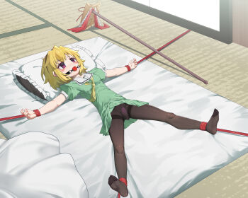 1girl absurdres ball_gag bdsm blonde_hair blush bondage bound bound_ankles bound_wrists breasts dress female_focus forced_orgasm gag gagged green_dress highres higurashi_no_naku_koro_ni houjou_satoko indoors loli looking_up lying medium_hair object_insertion on_back purple_eyes restrained separated_arms separated_legs sex_toy small_breasts solo spread_eagle_position vaginal vaginal_object_insertion variant_set vibrator vibrator_under_clothes wiffle_gag xiongmao