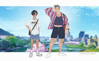 Rule 34 | 2boys, absurdres, anklet, bag, bara, black hair, black shorts, blue shorts, blue tank top, blush, bracelet, broad shoulders, brown hair, calves, denim, denim shorts, earrings, facial hair, goatee stubble, grey hair, groin, handbag, highres, huge pectorals, jewelry, male focus, midriff peek, multicolored hair, multiple boys, muscular, muscular arms, muscular male, necklace, open clothes, open shirt, original, patreon username, pink eyes, pink shirt, reference sheet, robokeh, shirt, shoes, shorts, shoulder bag, single earring, size difference, sketch, smile, sneakers, socks, stubble, tank top, tetsuwan atom, thighs, tight clothes, tight shirt, two-tone hair, v-taper, white shirt, white shoes, white socks, wide-eyed