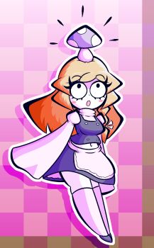 1girl animal_ears apron belly black_dress black_vest blonde_hair blush blush_stickers bow breasts checkered_background dress eyelashes full_body hair_bow hat highres kirisame_marisa long_hair long_sleeves looking_up midriff_peek mushroom_on_head ribbon solo standing thighhighs touhou vest wide_sleeves woah_maaan