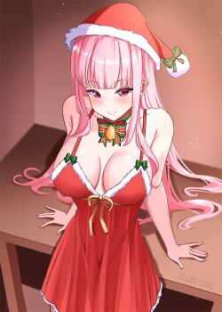 1girl :d alternate_costume blunt_bangs bow bowtie breasts cleavage commentary dress english_commentary fur-trimmed_dress fur-trimmed_headwear fur_trim green_bow green_bowtie grin hat highres hololive hololive_english indoors large_breasts long_hair looking_at_viewer mori_calliope open_mouth orihimestudio pink_eyes pink_hair pom_pom_(clothes) red_dress red_hat santa_hat sidelocks sleeveless sleeveless_dress smile solo very_long_hair virtual_youtuber