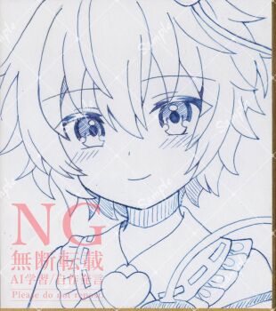 1girl blue_theme blush buttons closed_mouth collared_shirt commentary_request eyeball frilled_shirt_collar frills heart_button highres hoshi_tea_party komeiji_satori looking_at_viewer monochrome ribbon-trimmed_collar ribbon-trimmed_shirt ribbon_trim sample_watermark shikishi shirt short_hair smile solo third_eye touhou traditional_media watermark watermark_grid