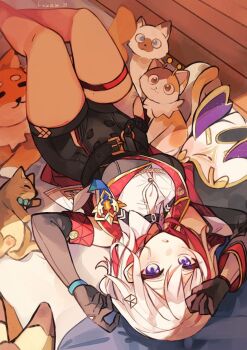 Rule 34 | 1girl, animal, bare legs, bare shoulders, belt, belt buckle, black gloves, breasts, buckle, commentary, futabababa 28, gloves, highres, honkai: star rail, honkai (series), looking at viewer, multicolored hair, open mouth, outstretched arms, pet, purple eyes, spread arms, thighs, topaz (honkai: star rail)