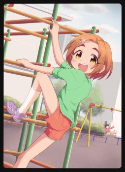 2girls 3yo4yo5yo :d black_border border building climbing eyelashes green_shirt hair_ornament hairclip highres idolmaster idolmaster_cinderella_girls jungle_gym light_brown_hair loli multiple_girls open_mouth outdoors panties panty_peek playground purple_footwear round_teeth ryuzaki_kaoru shirt shoes short_shorts shorts smile socks swing_set swinging tareme teeth tree underwear upshorts