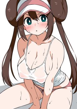 1girl blue_eyes breasts cleavage commentary_request donut_hair_bun ecgg_(tsuji418477) hair_bun highres large_breasts looking_at_viewer nintendo pokemon pokemon_bw2 rosa_(pokemon) see-through_clothes see-through_shirt shirt simple_background solo sweat twintails visor_cap white_background