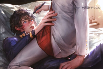 2boys arm_support artist_name black_hair blue_eyes blue_jacket blush commentary_request diamond_wa_kudakenai fingernails hair_down head_out_of_frame heart higashikata_josuke holding holding_pen jacket jojo_no_kimyou_na_bouken kdash kishibe_rohan long_sleeves looking_at_another male_focus messy_hair multiple_boys on_bed pants parted_lips pen pillow realistic short_hair straddling white_jacket white_pants yaoi