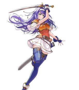 1girl ahoge armor attack belt black_thighhighs blue_boots blue_gloves blue_hair blush boots breastplate breasts brown_belt closed_mouth fighting_stance fingerless_gloves fire_emblem fire_emblem:_path_of_radiance fire_emblem:_radiant_dawn fire_emblem_heroes full_body gloves green_eyes hairband headband highres holding holding_sword holding_weapon long_hair looking_at_viewer mia_(fire_emblem) mia_(zenith_challenger)_(fire_emblem) nintendo non-web_source official_alternate_costume official_art okuma_mai orange_shirt purple_hair scabbard sheath shirt short_sleeves shoulder_armor simple_background skirt smile solo sword thigh_boots thighhighs thighs weapon white_background white_hairband white_headband white_shirt white_skirt
