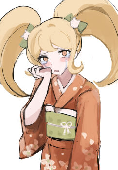 Rule 34 | 1girl, :o, a-ru (r dngn), blonde hair, bow, cat hair ornament, commentary request, danganronpa (series), danganronpa 2: goodbye despair, green bow, hair bow, hair ornament, highres, japanese clothes, kimono, long hair, long sleeves, obi, open mouth, orange eyes, orange kimono, saionji hiyoko, sash, simple background, solo, tears, twintails