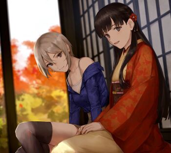 2girls autumn bare_shoulders black_hair breasts earrings flower grey_eyes grey_hair hair_flower hair_ornament highres idolmaster idolmaster_cinderella_girls japanese_clothes jewelry kimono kobayakawa_sae kouzuki_kei long_hair looking_at_viewer multiple_girls open_mouth shiomi_syuko short_hair sitting small_breasts smile thighhighs veranda