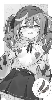 Rule 34 | 1boy, 1girl, absurdres, black ribbon, black skirt, blue archive, blush, bow, breasts, cardigan, doodle sensei (blue archive), flying sweatdrops, food, greyscale, hair between eyes, hair ornament, hairclip, halo, heart, highres, izuoku, long hair, long sleeves, looking at viewer, monochrome, multicolored hair, open clothes, open mouth, partially open shirt, pasties, rena (blue archive), ribbon, sensei (blue archive), skirt, solo focus, streaked hair, twintails, x hair ornament