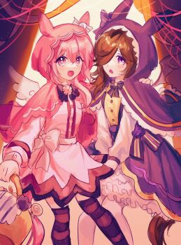 2girls absurdres alternate_costume angel_wings animal_ears basket blush bow brown_hair camellia_(camel_mal) cape demon_wings dress ear_bow ear_covers flipped_hair flower-shaped_pupils flower_in_eye hair_over_one_eye halloween halloween_costume haru_urara_(umamusume) highres holding holding_basket hood hood_up horse_ears horse_girl horse_tail long_hair long_sleeves looking_at_viewer multiple_girls open_mouth pink_cape pink_dress pink_eyes pink_hair pink_hood purple_cape purple_dress purple_eyes purple_hood rice_shower_(umamusume) silk smile spider_web striped_clothes striped_thighhighs symbol-shaped_pupils symbol_in_eye tail thighhighs umamusume white_thighhighs wings