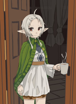 absurdres ahoge capelet cup door elf green_capelet highres hit0li111 holding holding_cup indoors looking_at_viewer mushoku_tensei open_door pointy_ears red_eyes short_hair smile solo solo_focus steam sylphiette_(mushoku_tensei)