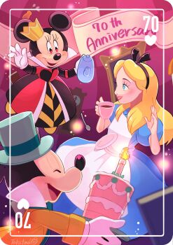 absurdres alice_(alice_in_wonderland) alice&#039;s_adventures_in_wonderland animal_ears anniversary apron blonde_hair blue_dress blue_eyes bow cake company_connection cosplay disney dress food hair_bow happy highres long_hair mickey_mouse mickey_mouse_&amp;_friends minnie_mouse mouse_ears mouse_girl queen_of_hearts_(alice_in_wonderland) queen_of_hearts_(alice_in_wonderland)_(cosplay) ribbon short_sleeves smile takatmaorange thighhighs