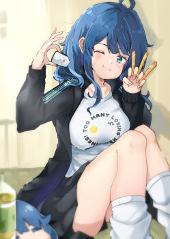 1girl absurdres ahoge aokaly black_jacket black_skirt blue_eyes blue_hair blush breasts closed_mouth commentary feet_out_of_frame food french_fries hands_up highres holding holding_food indoors jacket large_breasts long_sleeves looking_at_viewer loose_socks make_heroine_ga_oo_sugiru! official_alternate_costume one_eye_closed pleated_skirt print_shirt shirt sitting skirt socks solo sushi white_shirt white_socks yanami_anna