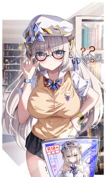 1girl ? absurdres adjusting_eyewear alternate_costume black_skirt blue_eyes blush bookshelf breasts collared_shirt commentary_request cross-shaped_pupils genshin_impact glasses hand_on_own_hip hand_up hat highres indoors large_breasts long_hair nicole_reeyn school_uniform shirt short_sleeves skirt standing symbol-shaped_pupils v-shaped_eyebrows watch white_hat white_shirt wristwatch yeni1871