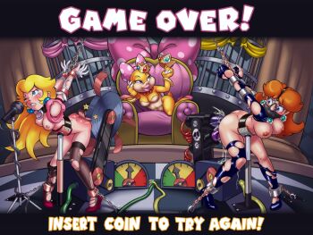 3girls anal anal_object_insertion ass bdsm bent_over blonde_hair blue_eyes blue_footwear blush bondage bound bow breasts brown_hair cage chain chair collar crown cuffs double_penetration ear_piercing earrings femdom gag game_over head_harness high_heels jewelry legs leotard lip_biting lipstick machine makeup mario_(series) medium_breasts microphone microphone_stand multiple_girls necklace nintendo nipples object_insertion paddle piercing pink_footwear pink_lips predicament_bondage princess_daisy princess_peach rape red_ass sex_machine shaxbert slave small_breasts smug spanked spanking super_mario_bros._1 super_mario_bros._3 super_mario_land tears thighhighs thighs tomboy torn_clothes uncensored vaginal vaginal_object_insertion wendy_o._koopa