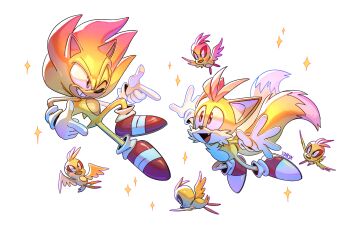 2boys bird commentary english_commentary fang finger_gun flicky_(character) flying fox_boy furry furry_male gloves glowing highres multiple_boys one_eye_closed open_mouth outstretched_arms red_eyes red_shoes shoes simple_background smile sonic_(series) sonic_the_hedgehog sparkle starrjoy super_sonic super_tails tails_(sonic) trait_connection white_fur yellow_fur