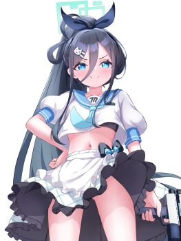 >:) 1girl absurdres antenna_hair apron aqua_halo aqua_neckerchief aris_(blue_archive) arm_at_side black_bow black_bra black_hairband blue_archive blue_bow blue_eyes blue_sailor_collar blush bow bra bra_peek breasts bright_pupils cat_hair_ornament closed_mouth clothes_lift collarbone commentary covered_underboob cowboy_shot cropped_shirt double-parted_bangs finger_on_trigger frilled_apron frilled_skirt frills gluteal_fold grey_hair gun hair_between_eyes hair_bow hair_ornament hairband hairclip halo hand_on_own_hip high_ponytail highres holding holding_gun holding_weapon kuma_piv long_bangs long_hair long_hair_between_eyes long_sidelocks looking_at_viewer midriff millennium_science_school_logo navel neckerchief plaid_clothes plaid_skirt ponytail puffy_short_sleeves puffy_sleeves rectangular_halo ringed_eyes sailor_collar sailor_shirt shirt short_sleeves sidelocks simple_background skirt skirt_lift small_breasts smug solo split_mouth two-sided_fabric two-sided_skirt underwear v-shaped_eyebrows very_long_hair waist_apron weapon white_apron white_background white_shirt white_skirt