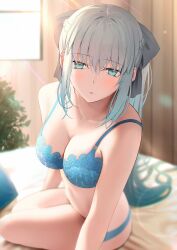 Rule 34 | 1girl, absurdres, bare shoulders, black bow, blue bra, blue eyes, blush, bow, bra, braid, breasts, cleavage, collarbone, commentary request, fate/grand order, fate (series), french braid, grey hair, hair between eyes, hair bow, highres, lace, lace-trimmed bra, lace trim, large breasts, long hair, looking at viewer, mishiro (ixtlolton), morgan le fay (fate), navel, panties, parted lips, ponytail, sidelocks, solo, underwear, underwear only, very long hair