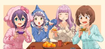 4girls :o animal_hood aqua_eyes aqua_pajamas blue_pajamas blunt_bangs blush bob_cut border bowl brown_eyes brown_hair cheek_bulge closed_eyes collarbone controller cup curtained_hair double-parted_bangs eating food fruit fruit_bowl grey_hair hagiwara_yukiho hanamasa_ono highres holding holding_controller holding_food holding_fruit hood idolmaster idolmaster_(classic) idolmaster_million_live! idolmaster_million_live!_theater_days inverted_bob kotatsu light_blush long_hair long_sleeves makabe_mizuki mochizuki_anna mug multiple_girls nightgown onesie open_mouth orange_(fruit) orange_background orange_slice outside_border pajamas pink_pajamas pink_ribbon playing_games puffy_long_sleeves puffy_sleeves purple_hair rabbit_hood ribbon shark_hood shijou_takane short_hair smile table tears v-shaped_eyebrows white_border white_nightgown yellow_eyes
