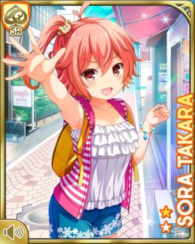 1girl amusement_park backpack bag card character_name day girlfriend_(kari) hair_ornament hairclip official_art open_mouth outdoors pink_eyes pink_hair qp:flapper raised_arm shirt shorts side_ponytail smile tagme takara_sora v-shaped_eyebrows vest white_shirt
