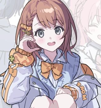 1girl bow bowtie brown_hair collared_shirt grey_eyes grey_sweater_vest hair_ornament hairpin hanasato_minori heart heart_hair_ornament jacket long_sleeves medium_hair moo_n_moko open_clothes open_jacket open_mouth project_sekai shirt smile solo sweater_vest white_jacket yellow_bow yellow_bowtie