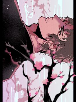 1boy a_nzi_end adam's_apple branch brown_hair cherry_blossoms closed_mouth commentary_request egasumi eyelashes fate/grand_order fate_(series) highres hijikata_toshizou_(fate) looking_at_viewer male_focus red_eyes short_hair sideways solo