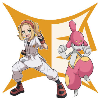 1girl :d belt black_gloves blonde_hair breasts clenched_hand commentary_request eyelashes fingerless_gloves freckles full_body gen_3_pokemon gloves green_eyes hairband highres holding holding_poke_ball jacket jmsleo josee_(pokemon) korean_commentary looking_at_viewer medicham nintendo open_mouth pants poke_ball poke_ball_(basic) pokemon pokemon_(creature) pokemon_legends:_z-a red_hairband red_shoes shoes short_hair small_breasts smile teeth twintails upper_teeth_only white_belt white_jacket white_pants