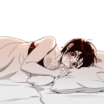 1girl bed_sheet black_hair black_shirt breasts bright_background commentary_request ducktoma highres izumo_fuuko korean_commentary large_breasts lying on_bed on_side pillow red_eyes shirt sleeping_together sweat sweatdrop undead_unluck