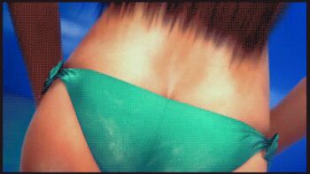 1girl adjusting_clothes adjusting_swimsuit animated animated_gif ass bikini butt_crack cloud dead_or_alive dead_or_alive_xtreme_2 dutch_angle female_focus game_screenshot kokoro_(doa) legs long_hair lowres outdoors sky solo swimsuit tan tanline tecmo video_game_screencap