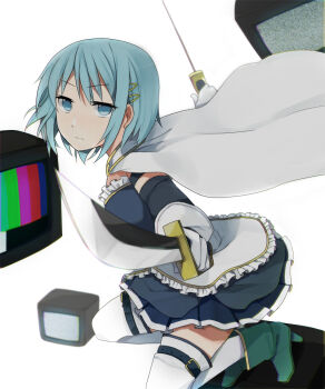 10s blue_eyes blue_hair cape foreshortening gloves highres mahou_shoujo_madoka_magica mahou_shoujo_madoka_magica_(anime) miki_sayaka miki_sayaka_(magical_girl) short_hair solo static sword television test_card thighhighs tsuduya_(knt31) weapon