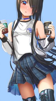 1girl aiuabo armpit_crease bare_shoulders black_boots black_hair blue_background blue_bra blue_choker blue_eyes blue_nails blue_skirt blush boots bow_print bra bra_peek choker clothes_writing clothing_cutout collarbone commentary_request cowboy_shot cup disposable_coffee_cup disposable_cup drinking_straw eyes_visible_through_hair hair_over_one_eye head_tilt highres holding holding_cup holding_drinking_straw lace-up_boots long_hair long_sleeves looking_at_viewer multicolored_eyes nail_polish open_mouth original plaid_clothes plaid_skirt pleated_skirt print_bra print_shirt red_eyes shirt shoulder_cutout simple_background skirt solo thigh_boots two-tone_eyes underwear very_long_hair white_shirt
