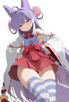1girl :3 absurdres ahoge blue_shirt bow skirt_bow bowtie closed_mouth collared_shirt commentary_request cone_hair_bun feet_out_of_frame from_below hair_bun hair_intakes hair_ornament hair_rings hakama hakama_skirt hands_on_own_hips highres japanese_clothes korean_commentary kosode long_hair long_sleeves looking_at_viewer looking_down miniskirt nbee_ya pom_pom_(clothes) purple_hair raised_inner_eyebrows red_bow red_bowtie red_skirt shirt shirt_tucked_in simple_background skindentation skirt smile solo sphere_hair_ornament standing stellive straight_hair striped_clothes striped_thighhighs tenko_shibuki thighhighs very_long_hair virtual_youtuber white_background wide_sleeves wispy_bangs zettai_ryouiki